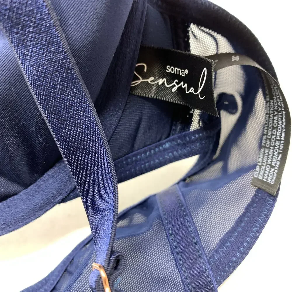 Soma Sensual Front Close Demi Bra 32C Navy Blue Underwire Mesh Lace Trim